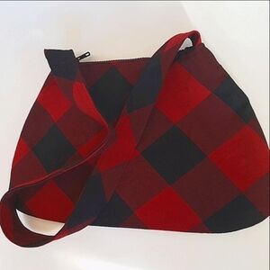 Wool Buffalo Plaid Check Red Black Curvy Shoulder Bag Romantic Hand Made OOAK